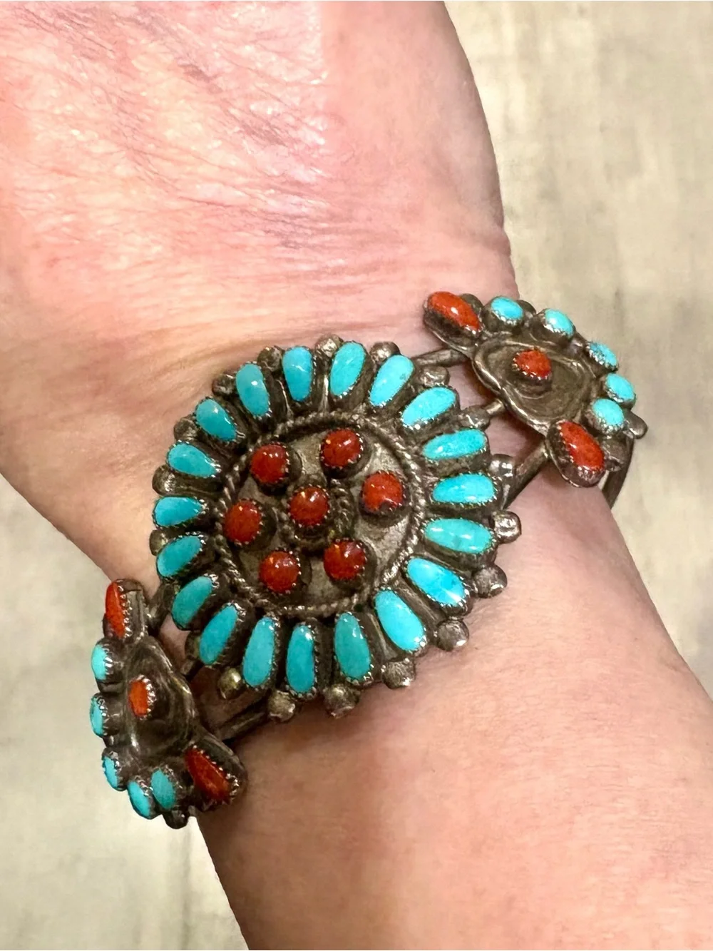 Vintage Leonard & Lula Weebothee Zuni Turquoise Coral Sterling Cuff